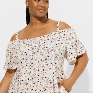 Torrid Ruffled Flutter Sleeve Mini Dress in Pink and Green